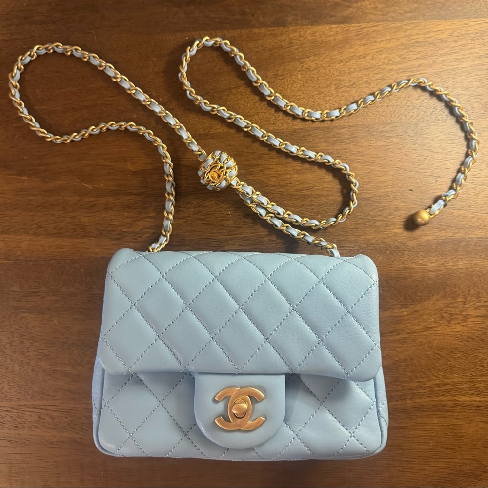 CHANEL NIB Pearl Crush 2022 Square Mini Flap Bag Quilted Purse Light Blue Gold - Picture 3 of 11